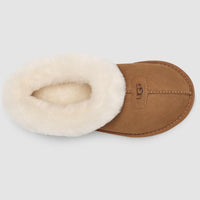 Pair of slippers with white fur lining on a light gray background