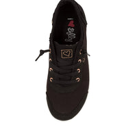 A black canvas low-top sneaker with black laces, rose gold eyelets, and a small square patch on the tongue featuring a heart and the brand name 'i Love Billy'.