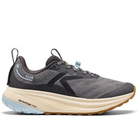 Gray running shoe with a white sole on a white background