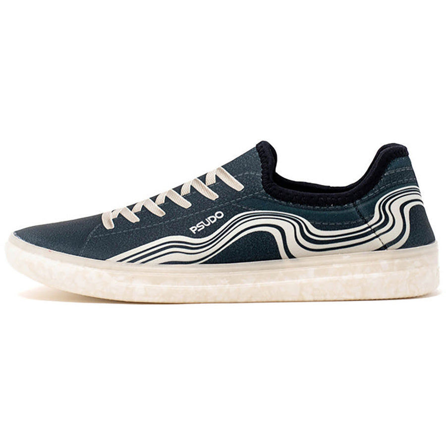 Quarter view Men's Psudo Footwear style name Nova Cruiser in color Black/Cream Swirl. Sku: 033-2