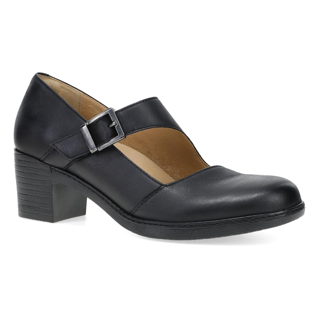 A black leather Mary Jane pump with a silver-tone buckle strap and a low block heel, shown from a side profile on a white background.