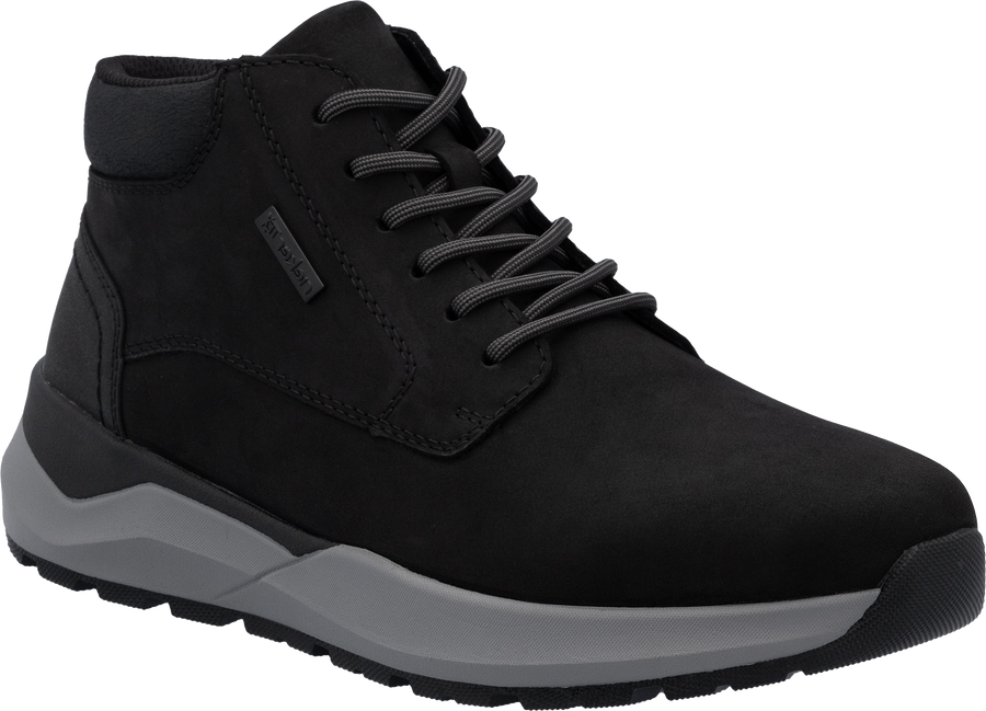 Quarter turn view Men's Rieker Footwear style name Thorben 01 Waterproof in color SCHWARZ. Sku: 06001-00