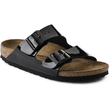 Quarter turn view Women's Birkenstock Footwear style name Arizona Birko Flor Narrow in color Black Patent. Sku: 1005292