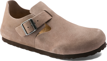 Quarter turn view Women's Birkenstock Footwear style name London Suede Regular in color TAUPE SDE. Sku: 1010503