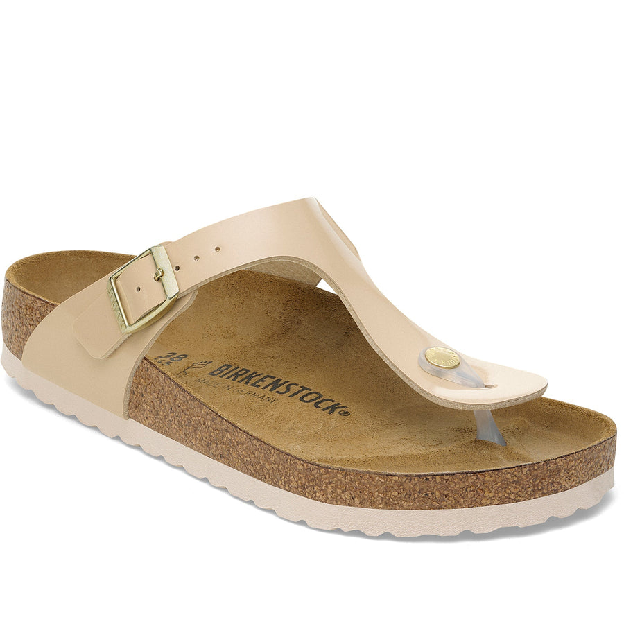 Quarter turn Women's Birkenstock Footwear style name Gizeh Birko Flor Regular in color Patent Sand. Sku: 1013075