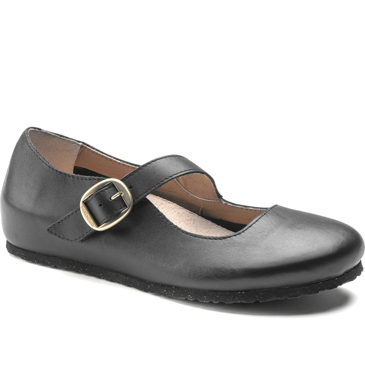 Quarter turn Women's Birkenstock Footwear style name Tracy Leather Regular in color Black Leather. Sku: 1018131