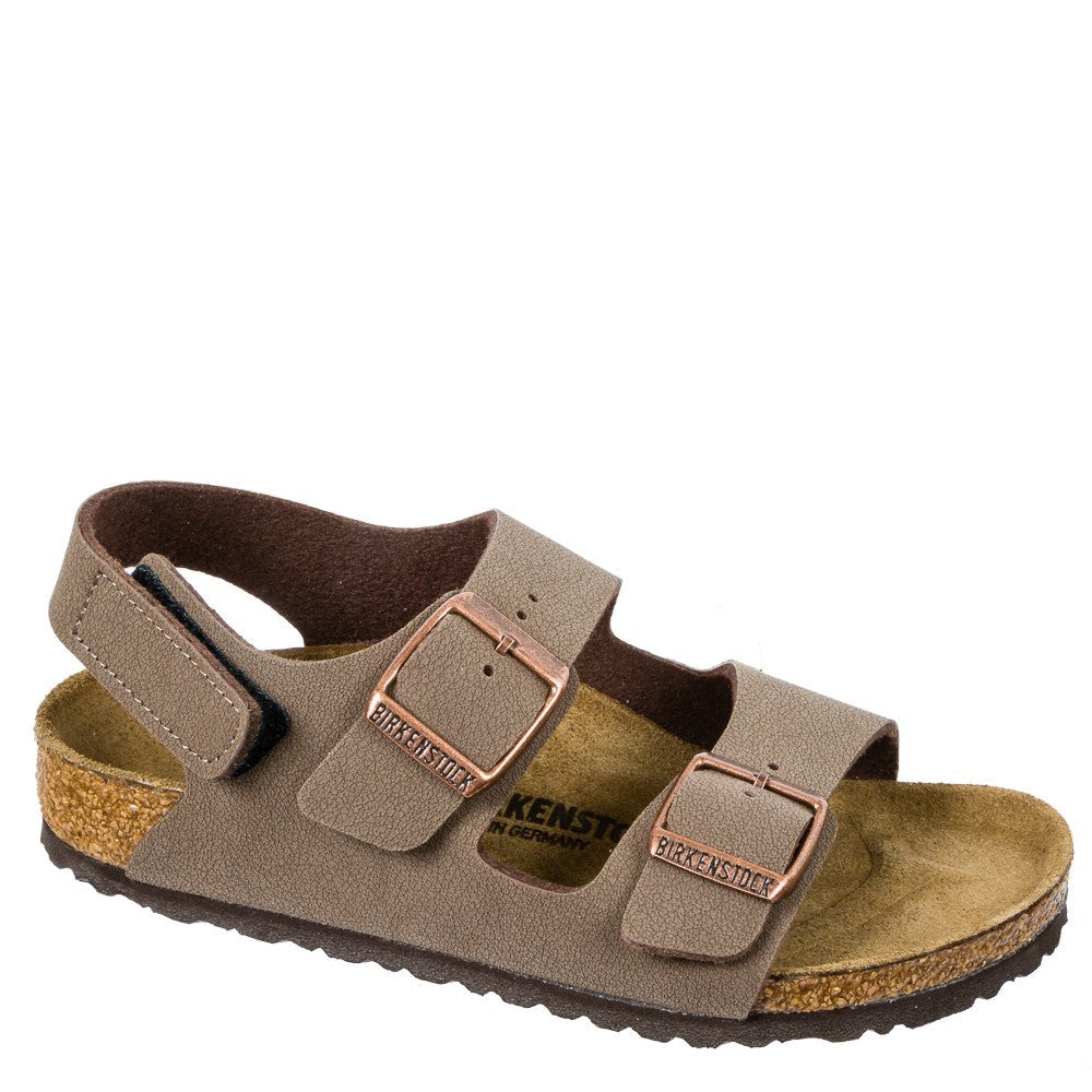 Quarter view Kids Footwear style name MILANO HL KIDS in color Mocha w/Velcro Heel Strap. SKU: 1019600