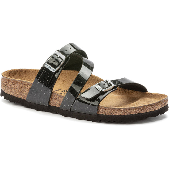 Quarter turn view Women's Birkenstock Footwear style name Salina Birko Flor Narrow in color Magic Galaxy Black. Sku: 1023937