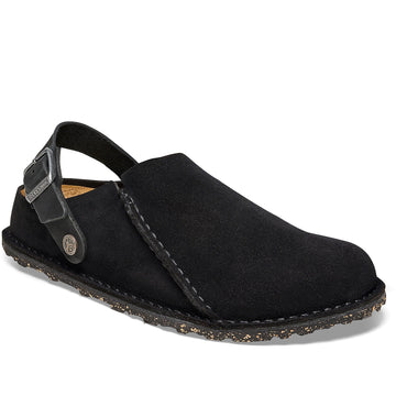 Quarter turn Women's Birkenstock Footwear style name Lutry Suede Narrow in color Black Suede. Sku: 1025356