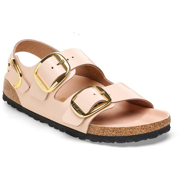 Quarter view Women's Birkenstock Footwear style name Milano Big Buckle Narrow in color High Shine New Beige. Sku: 1026484