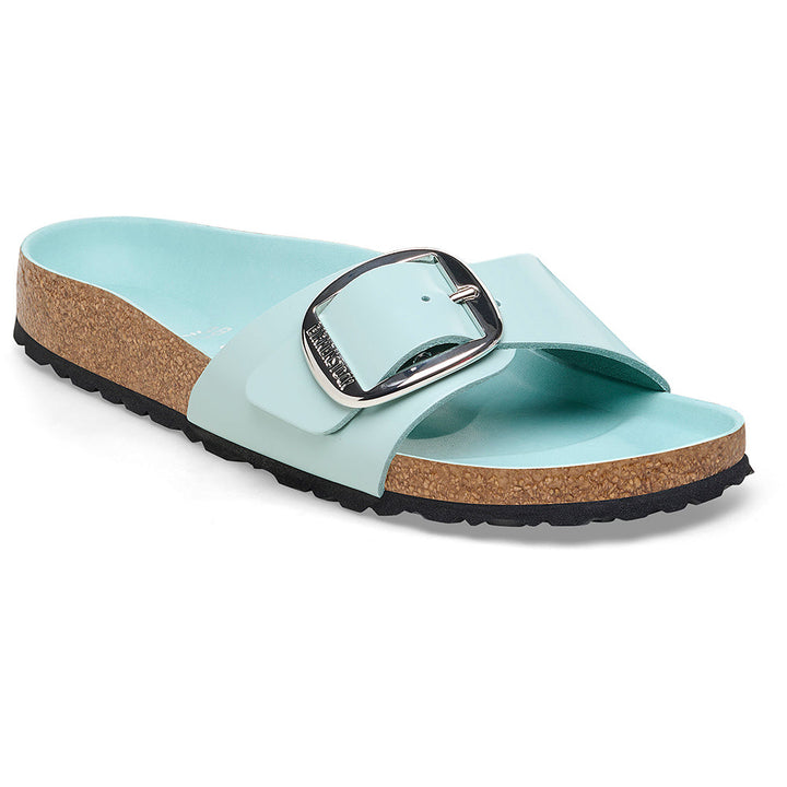 Quarter view Women's Birkenstock Footwear style name Madrid Big Buckle Narrow in color High Shine Surf Green. Sku: 1026527