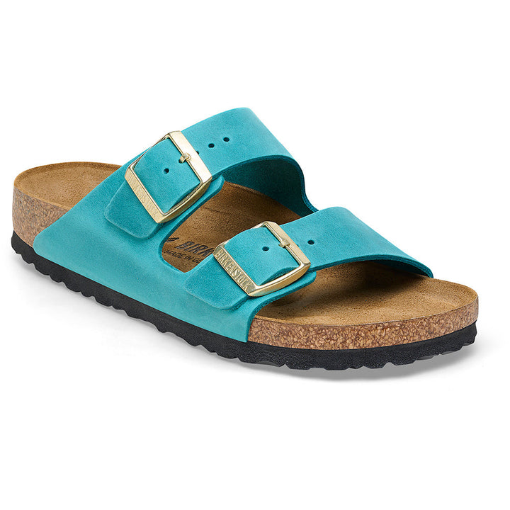 Quarter view Women's Birkenstock Footwear style name Arizona Oiled Narrow in color Biscay Bay. Sku: 1026537