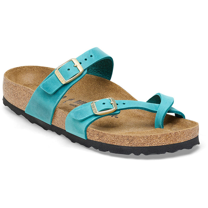 Quarter view Women's Birkenstock Footwear style name Mayari Oiled Regular in color Biscay Bay. Sku: 1026591