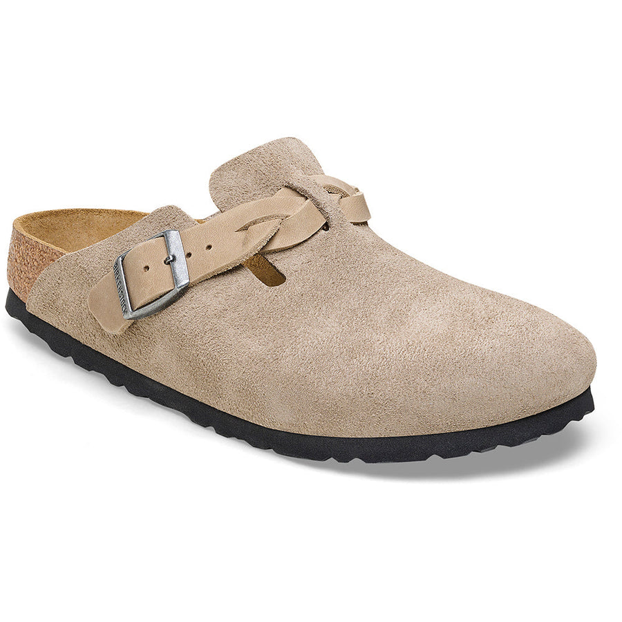 Quarter view Women's Birkenstock Footwear style name Boston Braid Narrow in color Taupe. Sku: 1026694