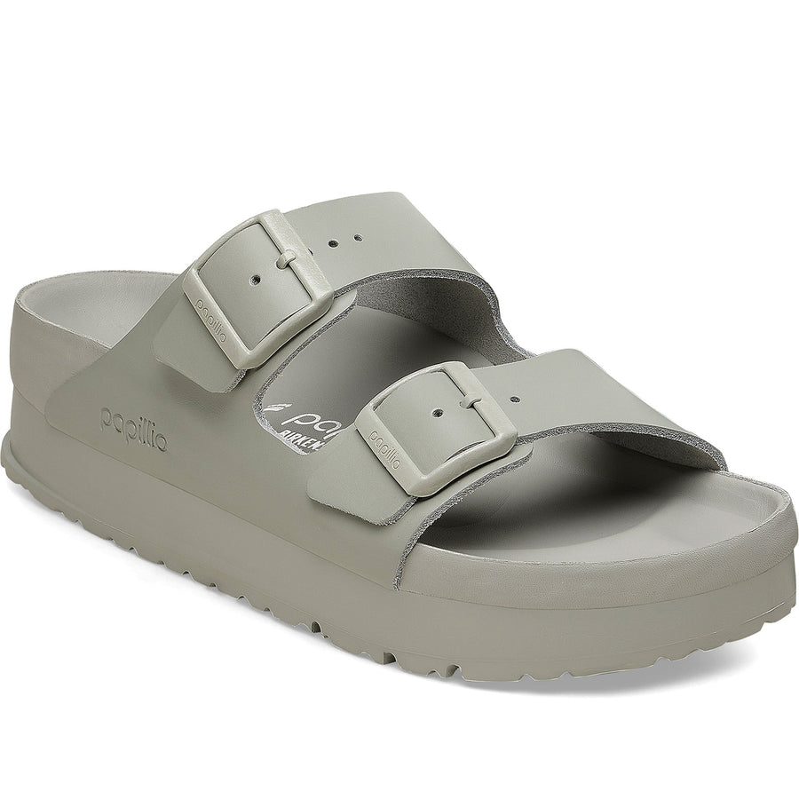 Quarter turn Women's Birkenstock Footwear style name Arizona Platform Exquisite Narrow in color Min Gray. Sku: 1026913