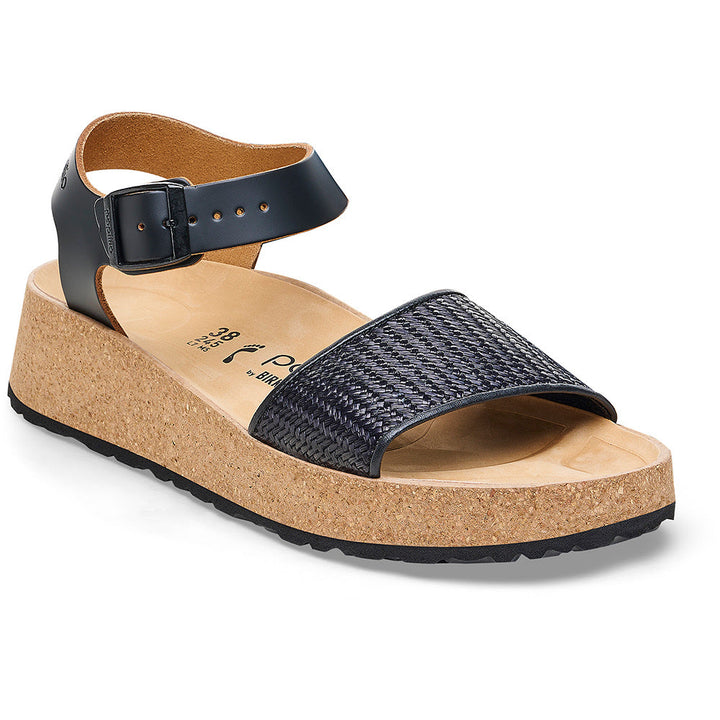 Quarter view Women's Birkenstock Footwear style name Glenda Raffia in color Black. Sku: 1026932