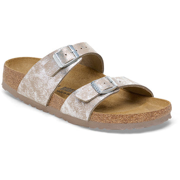 Quarter view Women's Birkenstock Footwear style name Sydney Birko Flor Narrow in color Washed Taupe/Silver. Sku: 1026958