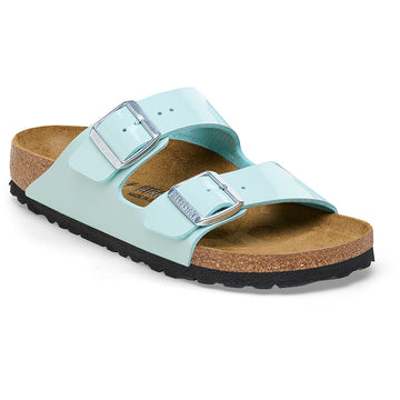 Quarter view Women's Birkenstock Footwear style name Arizona Birko Flor Narrow in color Patent Surf Green. Sku: 1026963