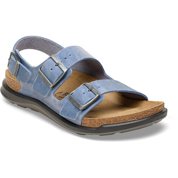 Quarter view Men's Birkenstock Footwear style name Milano Rugged Regular in color Elemental Blue. Sku: 1027035