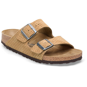 Quarter view Women's Birkenstock Footwear style name Arizona Dotted Suede Narrow in color New Beige. Sku: 1027066