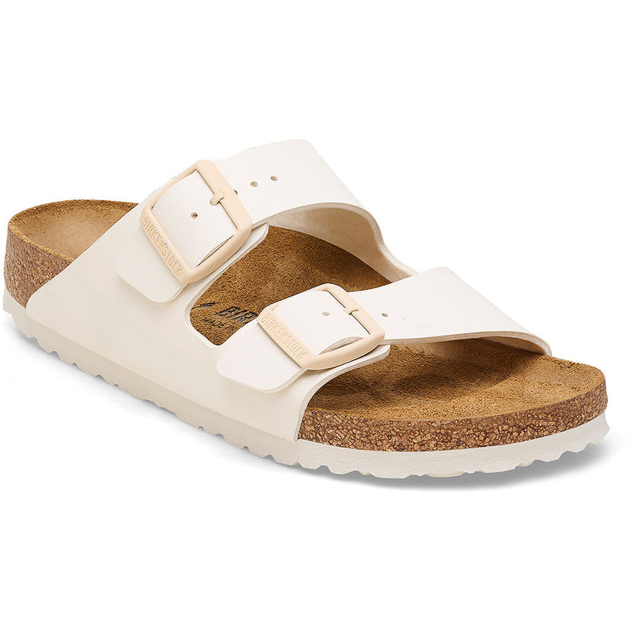 Quarter turn view Women's Birkenstock Footwear style name Arizona Birko Flor Narrow in color Eggshell. Sku: 1027339