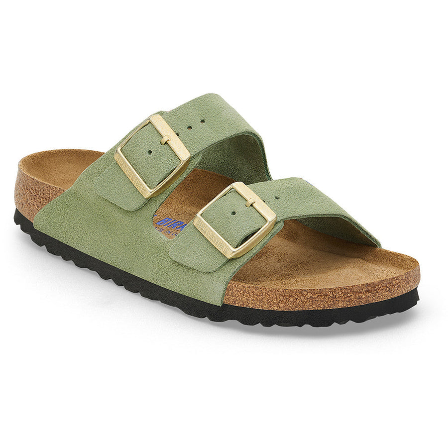 Quarter turn view Women's Birkenstock Footwear style name Arizona Soft Footbed Suede Narrow in color Green Tea. Sku: 1027962