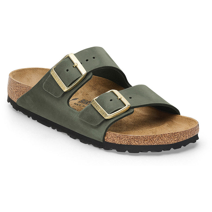 Quarter turn view Women's Birkenstock Footwear style name Arizona Oiled Regular in color Thyme. Sku: 1028030