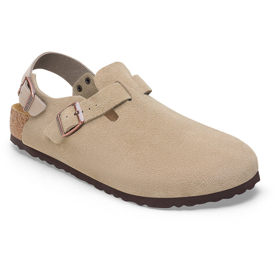 Quarter turn view Women's Birkenstock Footwear style name Tokio Suede Narrow in color Taupe. Sku: 1028323