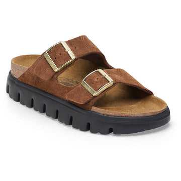 Quarter turn view Women's Birkenstock Footwear style name Arizona Chunky Narrow in color Dark Tea. Sku: 1028389