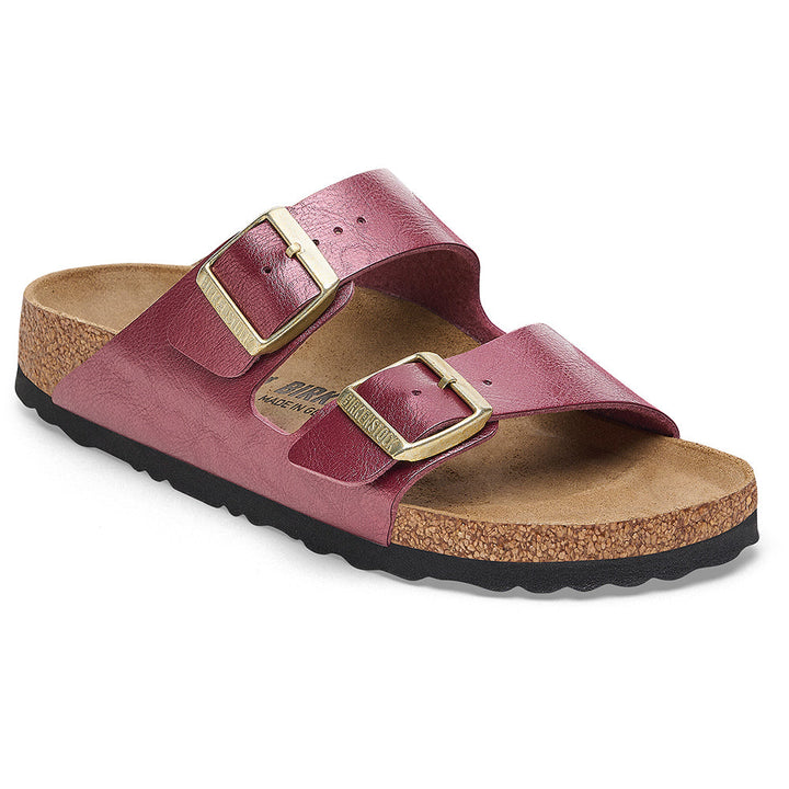 Quarter turn view Women's Birkenstock Footwear style name Arizona Birko Flor Narrow in color Graceful Berry Crush. Sku: 1028638