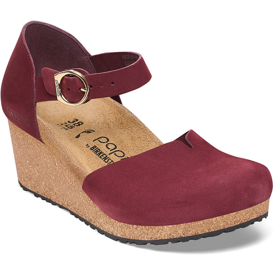 Quarter turn view Women's Birkenstock Footwear style name Mary Nubuck Narrow in color Zinfandel. Sku: 1028761