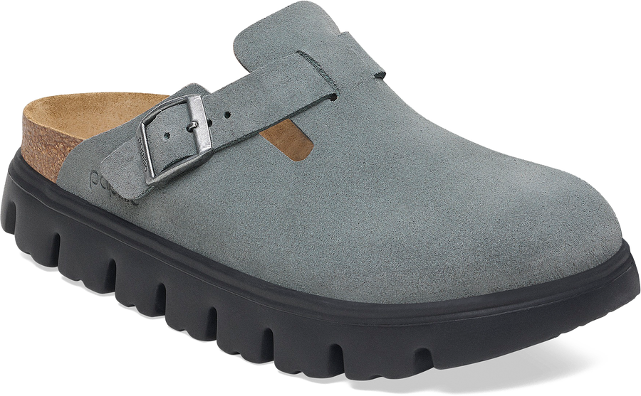 Quarter turn view Women's Birkenstock Footwear style name Boston Chunky Suede Narrow in color BASALT GR. Sku: 1029142