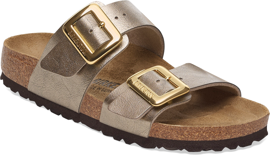 Quarter turn view Women's Birkenstock Footwear style name Sydney Luxe Buckle Narrow in color GR TPE BF. Sku: 1029372