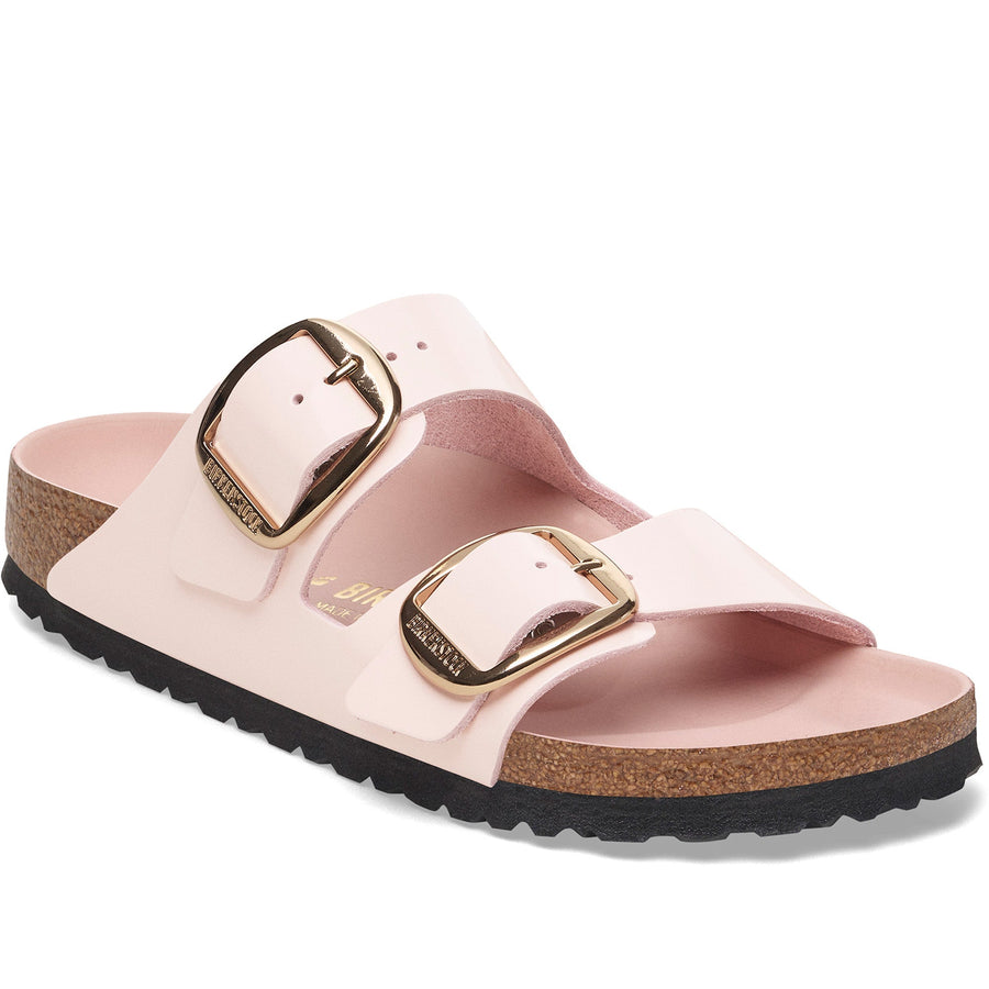 Quarter turn Women's Birkenstock Footwear style name Arizona Big Buckle Narrow in color High Shine Light Rose. Sku: 1029392