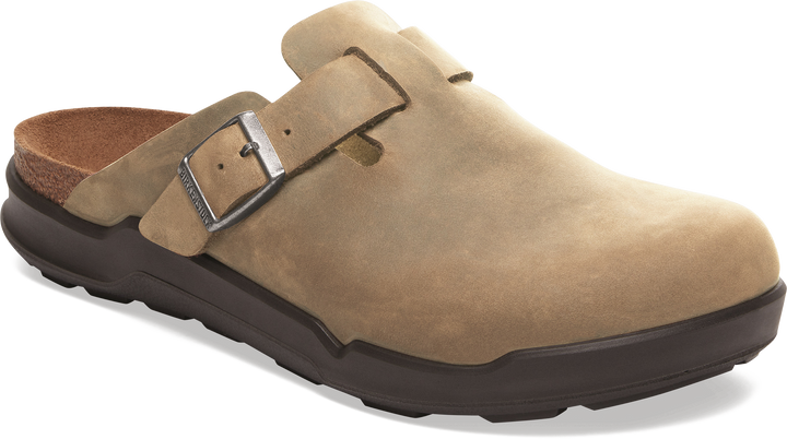 Quarter turn view Men's Birkenstock Footwear style name Boston Rugged in color TOBACCO OI. Sku: 1029589