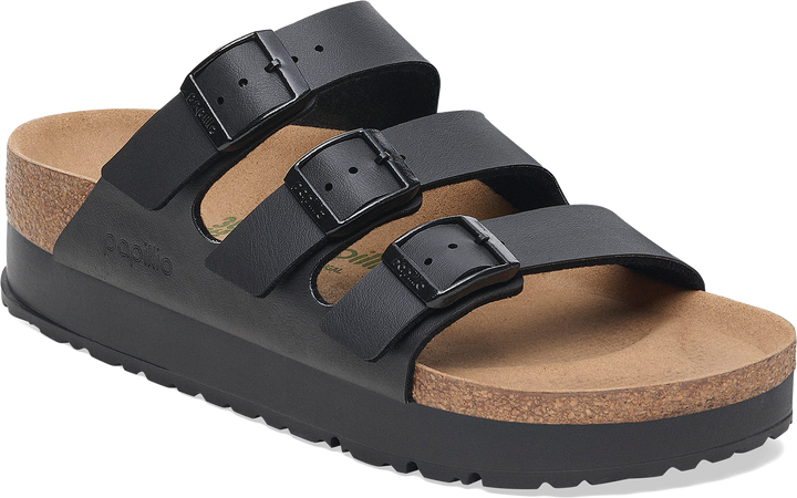 Quarter turn view Women's Birkenstock Footwear style name Florida III Platform Vegan Narrow in color BLACK BF. Sku: 1029737