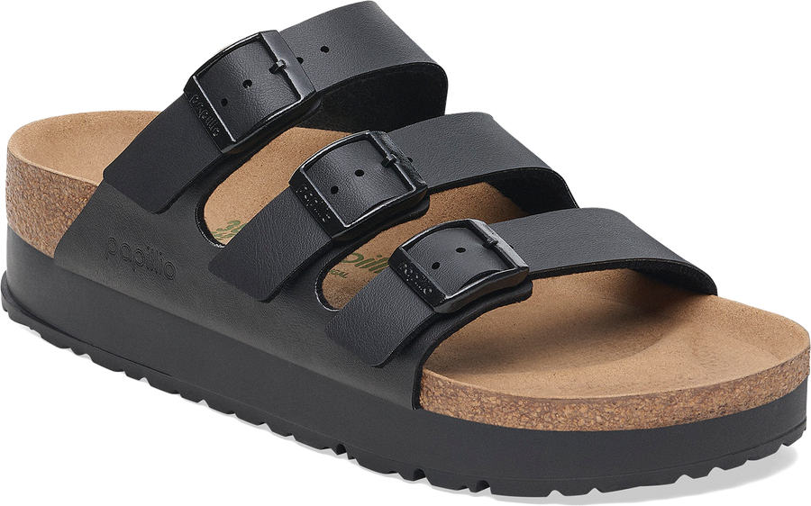 Quarter turn view Women's Birkenstock Footwear style name Florida III Platform Vegan Narrow in color BLACK BF. Sku: 1029737