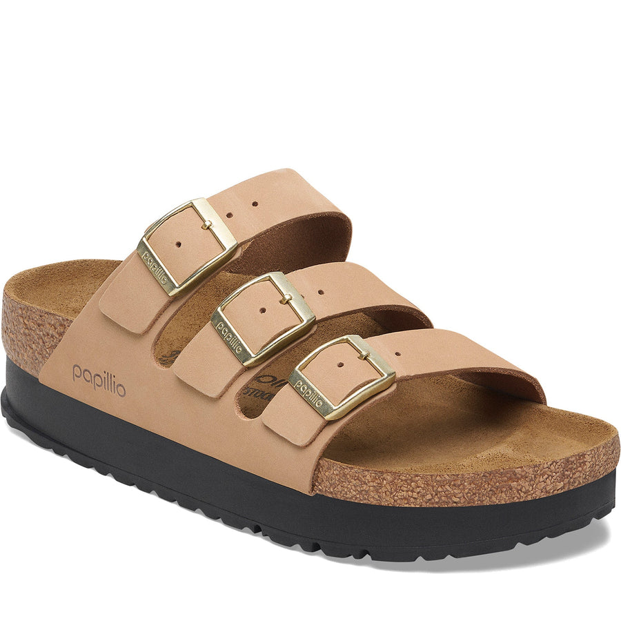 Quarter turn Women's Birkenstock Footwear style name Florida III Platform Narrow in color Sandcastle Nubuck. Sku: 1029760