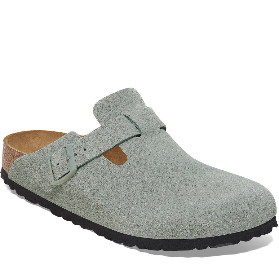 Quarter turn Women's Birkenstock Footwear style name Boston Soft Footbed Suede Narrow in color Pure Sage. Sku: 1029801