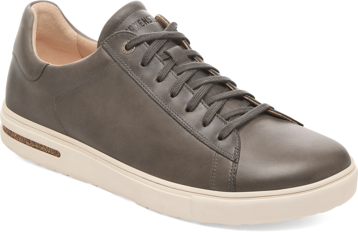 Quarter turn view Men's Birkenstock Footwear style name Bend Leather in color IRON. Sku: 1030059