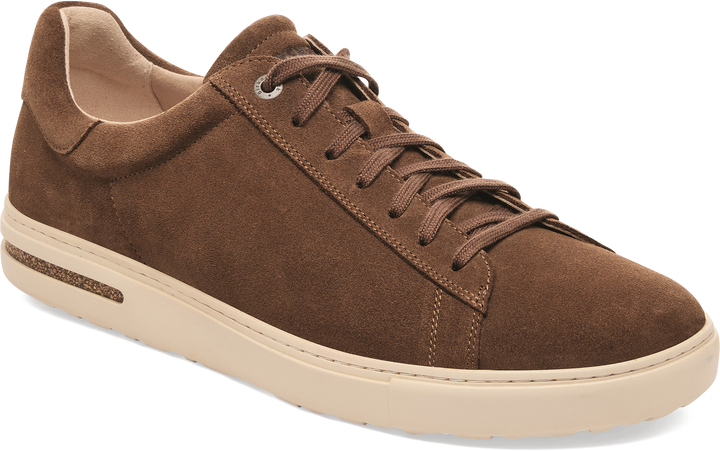 Quarter turn view Men's Birkenstock Footwear style name Bend Suede in color DARK TEA. Sku: 1030130