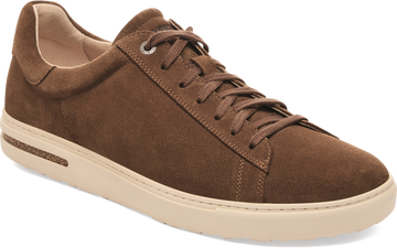 Quarter turn view Men's Birkenstock Footwear style name Bend Suede in color DARK TEA. Sku: 1030130