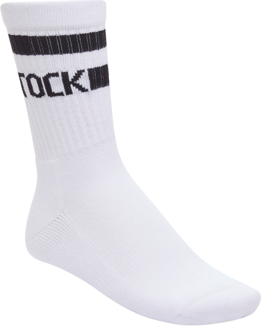 Quarter turn view Unisex Birkenstock Sock style name Cotton Crew Stripe in color WHT/BLK. Sku: 1030264