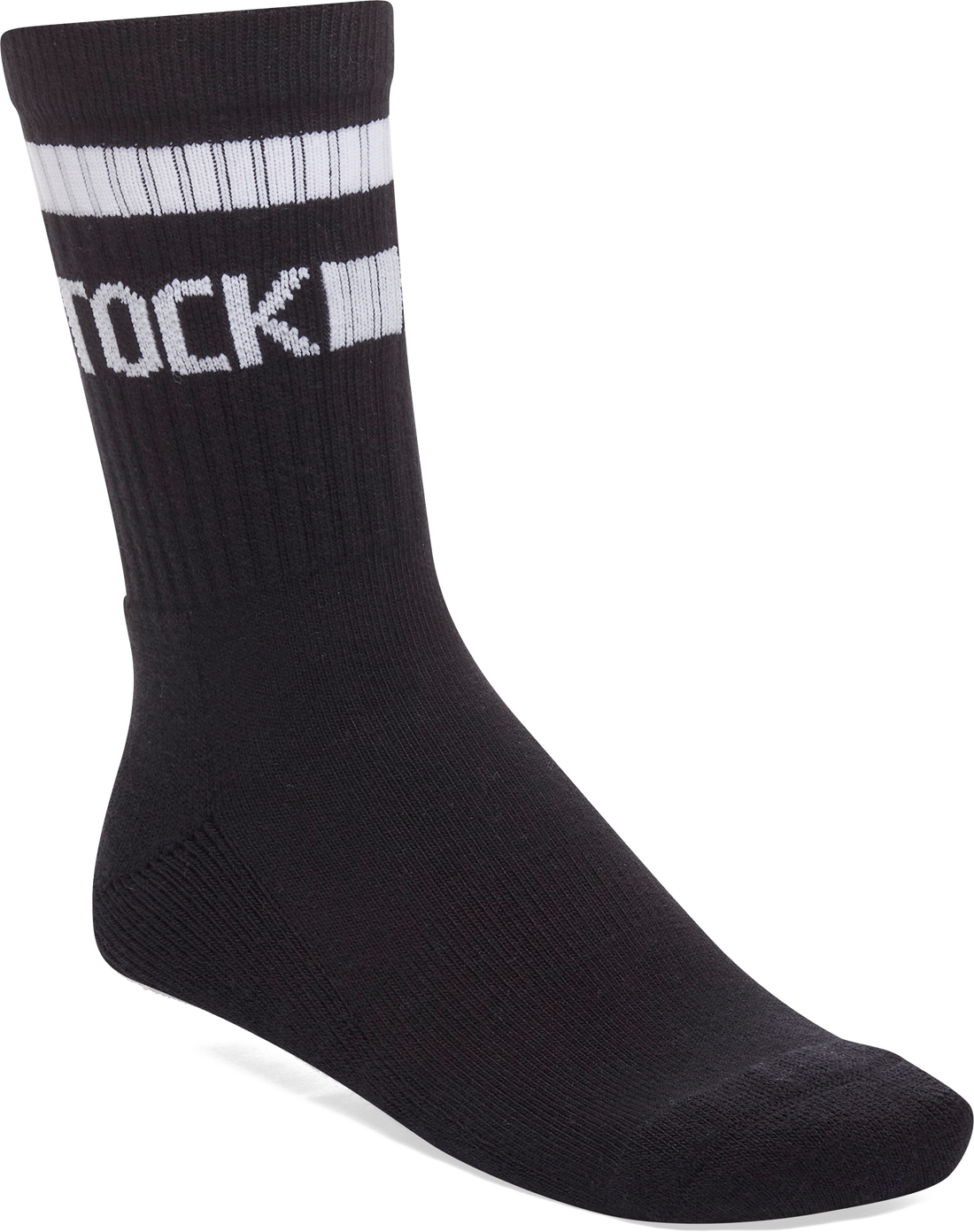 Quarter turn view Unisex Birkenstock Sock style name Cotton Crew Stripe in color BLK/WHT. Sku: 1030265