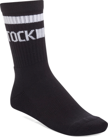 Quarter turn view Unisex Birkenstock Sock style name Cotton Crew Stripe in color BLK/WHT. Sku: 1030265