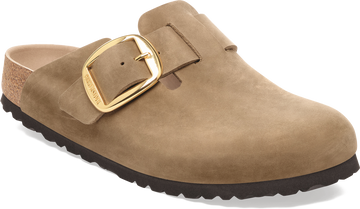 Quarter turn view Women's Birkenstock Footwear style name Boston Big Buckle Oiled Narrow in color TOBACCO OI. Sku: 1030425