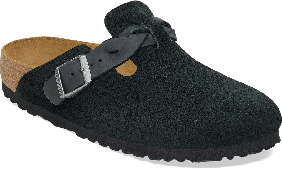Quarter turn view Women's Birkenstock Footwear style name Boston Braid Suede Narrow in color BLACK SDE. Sku: 1030497