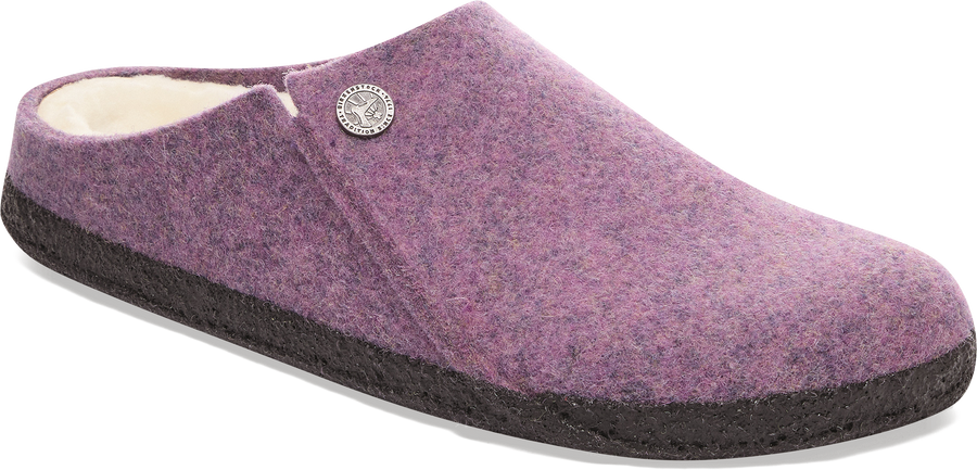 Quarter turn view Women's Birkenstock Footwear style name Zermatt Shearling Narrow in color MAUVE. Sku: 1030898