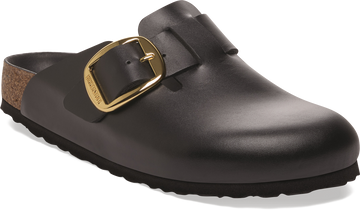 Quarter turn view Women's Birkenstock Footwear style name Boston Big Buckle Leather Narrow in color AMALFI BLK. Sku: 1030904