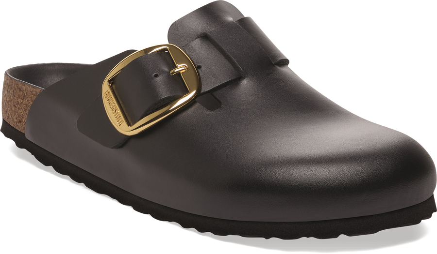 Quarter turn view Women's Birkenstock Footwear style name Boston Big Buckle Leather Narrow in color AMALFI BLK. Sku: 1030904